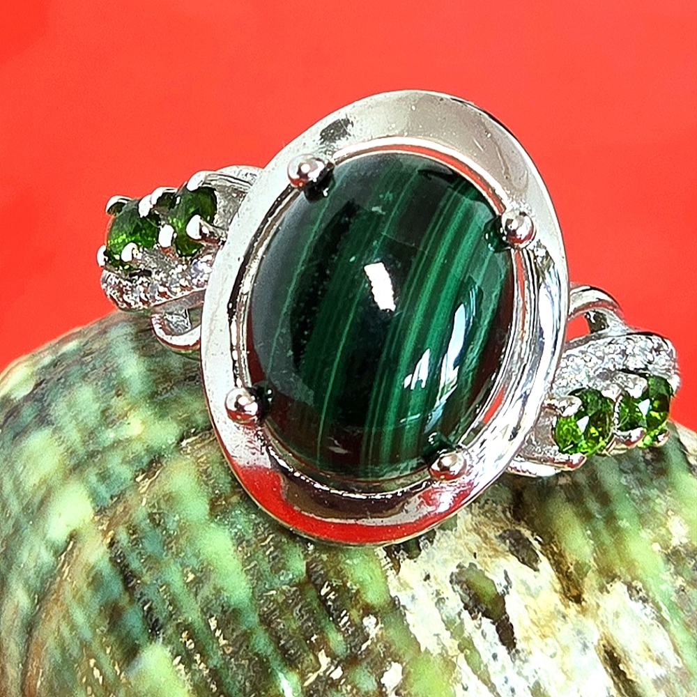 925 Sterling Silver Ring SZ 7.75 with Natural Malachite & Chrome Diopside